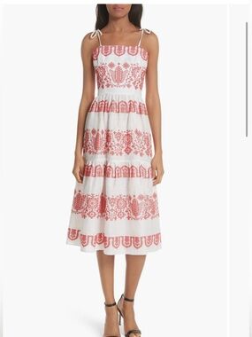 Milly Mykonos Red/White Embroidered Linen Midi Dress with Tie Straps